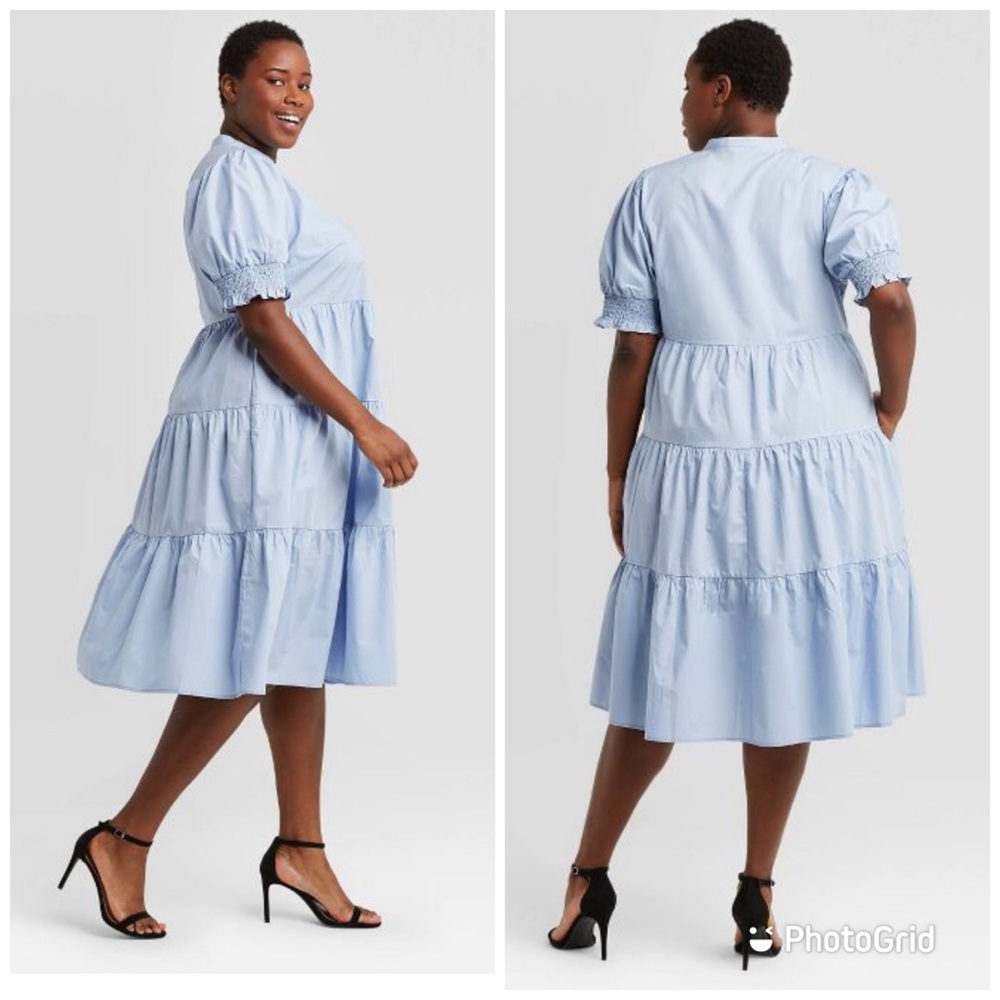 Puff Sleeve Tiered Baby doll dress Blue XL
